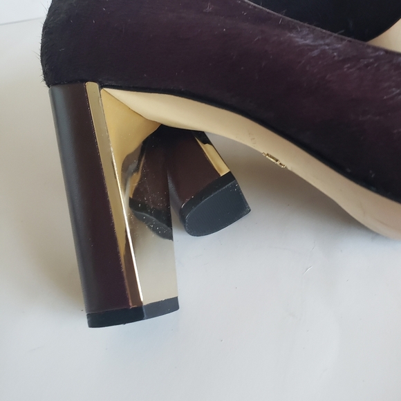 Ann Taylor Sz 8.5 Gold Heel Died Shearling Cow Hair Pumps brown Purple block - Picture 11 of 15